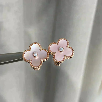 [AuraEcho]CLOVER MEDIUM 1 MOTIFS  PINK MOP DIAMOND EARRINGS