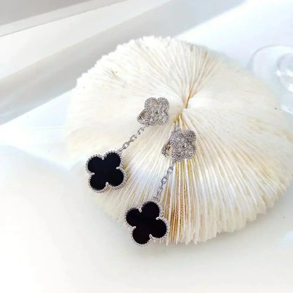 [AuraEcho]CLOVER 2 MOTIFS  DIAMOND ONYX EARRINGS SILVER