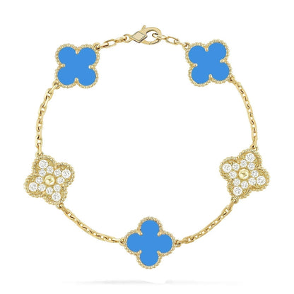 [AuraEcho]CLOVER 5 MOTIF BLUE CHALCEDONY DIAMOND GOLD BRACELET