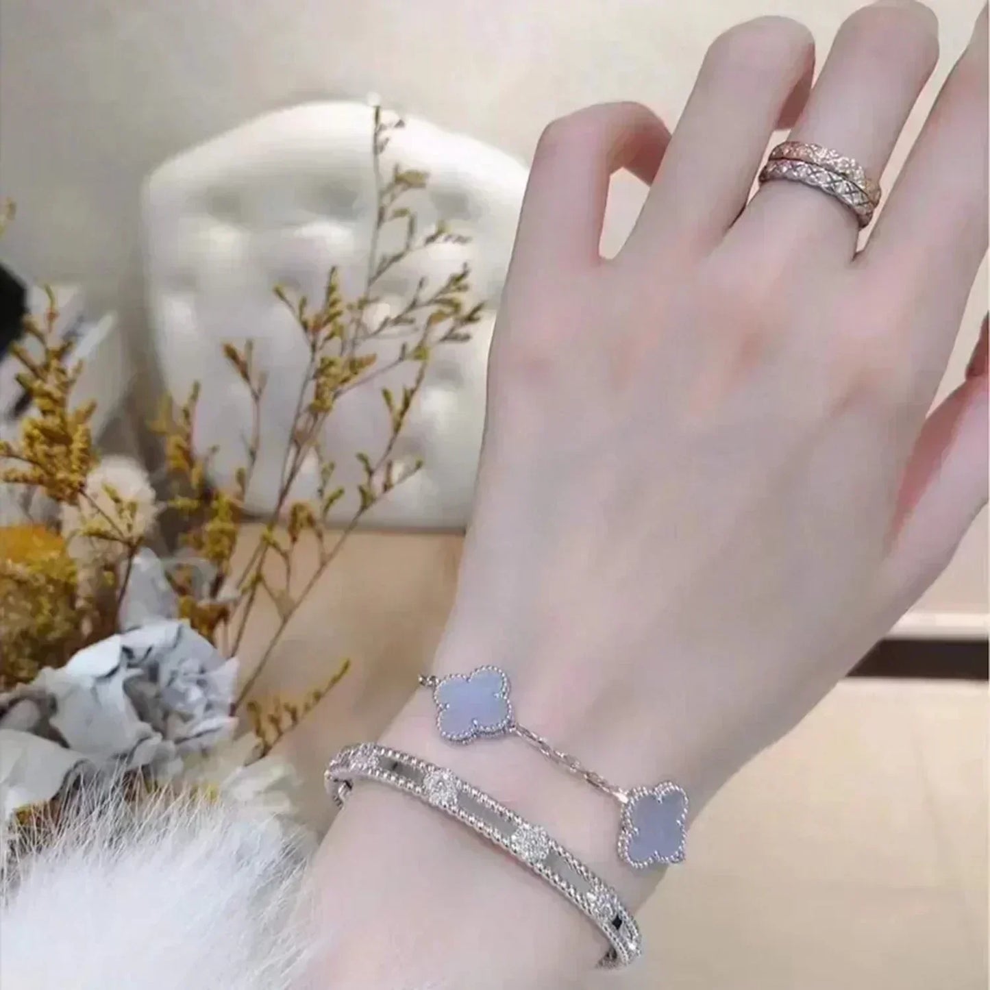 [AuraEcho]CLOVER  5 MOTIF PURPLE CHALCEDONY BRACELET SILVER