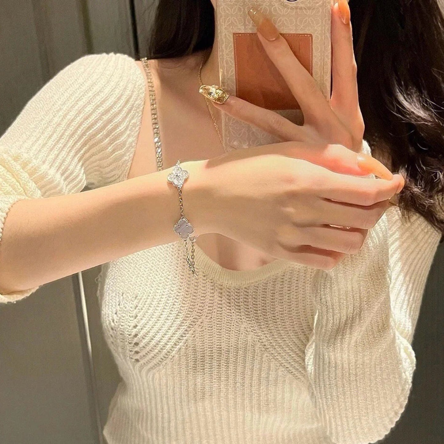 [AuraEcho]CLOVER  5 MOTIF DIAMOND PURPLE CHALCEDONY BRACELET SILVER